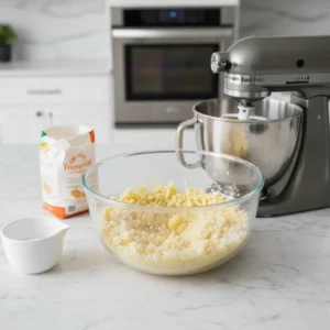 A glass bowl containing the crumbly mixture of cold butter and sugar, next to a stand mixer, preparing the dough for homemade Christmas cookies.