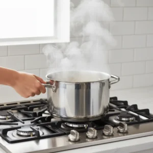 A hand holding the handle of a stainless steel pot steaming on a hot stovetop burner after the drained potatoes have been returned to the pot to evaporate excess moisture.