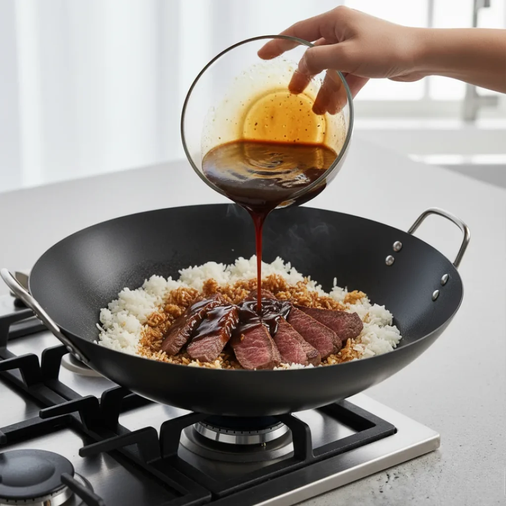 A hand pouring a dark, homemade steak bowl sauce from a glass bowl over seared steak slices and rice in a black wok to finish the steak rice bowl recipe.
