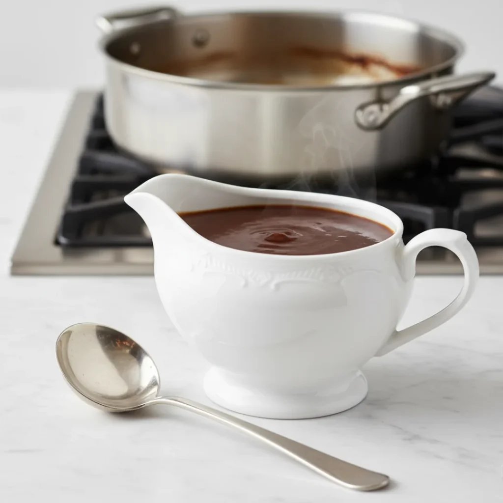 A white ceramic gravy boat filled with smooth, steaming, rich brown turkey gravy from drippings, sitting on a marble counter with a serving spoon.