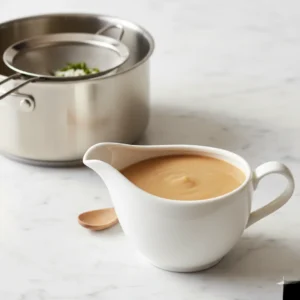 A white ceramic gravy boat filled with smooth, creamy turkey gravy, with a saucepan and fine-mesh strainer in the background after the gravy has been strained.