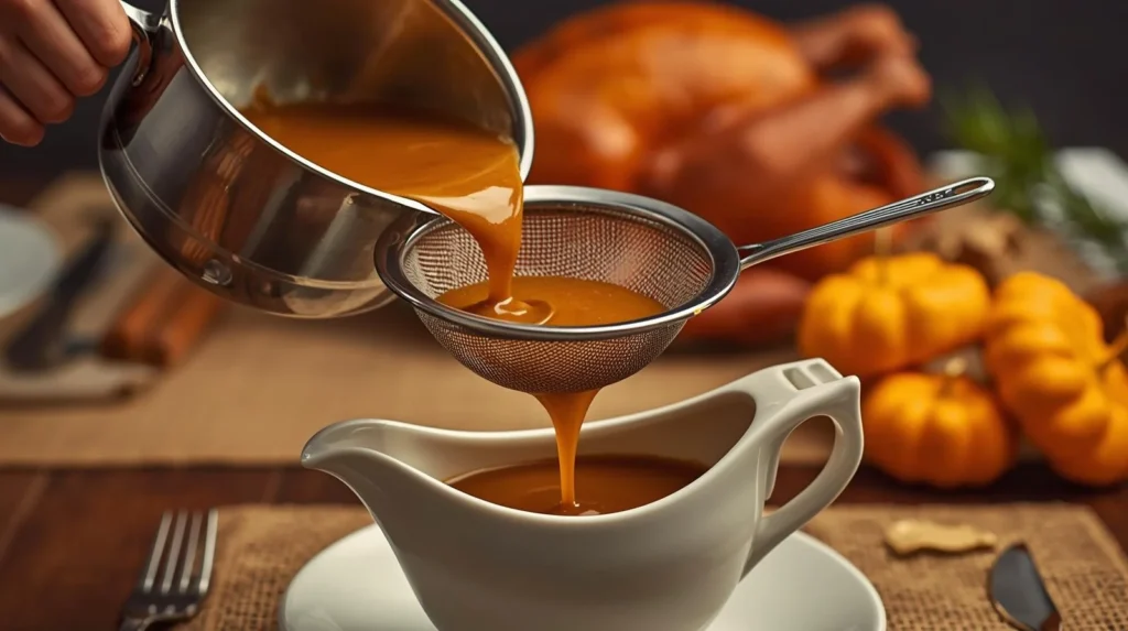 A hand pouring warm, finished turkey gravy from a saucepan through a fine-mesh sieve (strainer) directly into a white gravy boat, illustrating the lump-free hack.