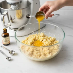A hand pouring wet ingredients (like egg and vanilla) into a glass bowl of crumbly butter-sugar mixture, preparing to mix the christmas cookie dough.