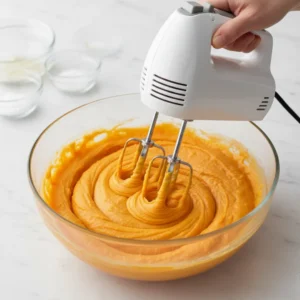 A hand using a white electric hand mixer to whip the orange sweet potato filling and creamy ingredients in a large glass bowl until perfectly smooth and airy.