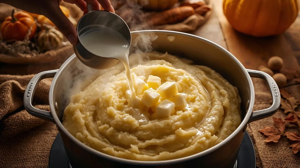 A hand pouring warm milk/cream over hot, freshly mashed potatoes and cubes of butter in a stainless steel pot, showcasing the secret to creamy mashed potatoes.