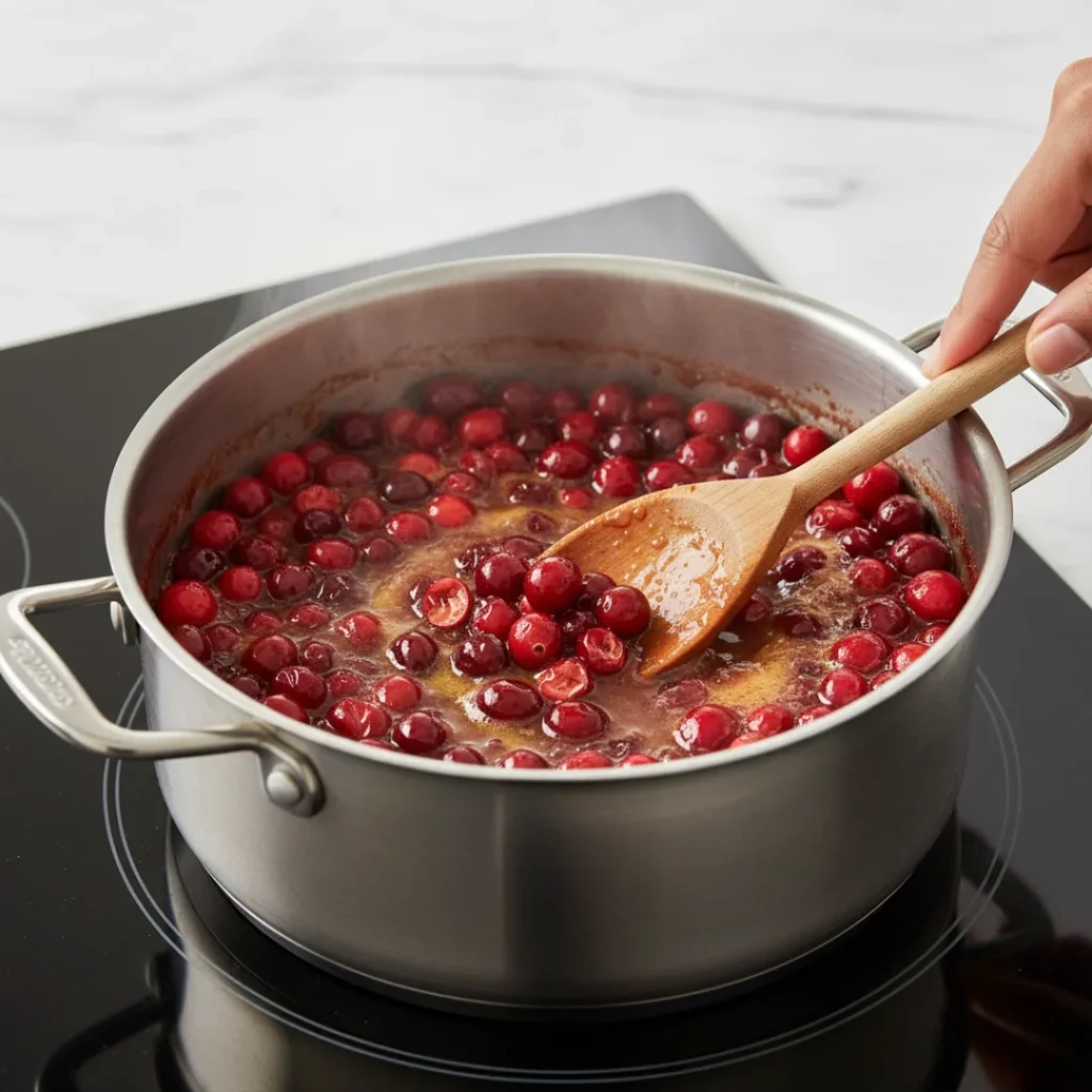 A wooden spoon stirring a pot of bright red fresh cranberries simmering with liquid and sugar on a stovetop, demonstrating the fast stovetop cooking method.