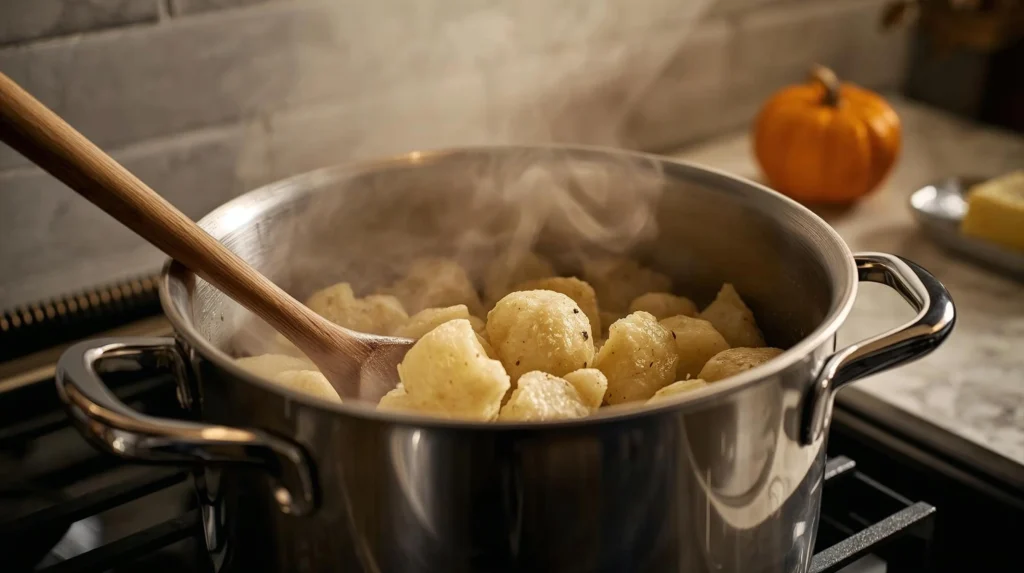 A close-up of cooked potatoes in a steaming stainless steel pot on the stove, being gently stirred with a wooden spoon to remove moisture.