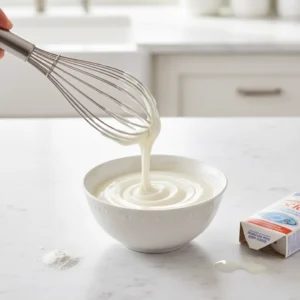 A hand whisking powdered sugar and milk in a white bowl to create a smooth, glossy glaze for christmas sugar cookies.