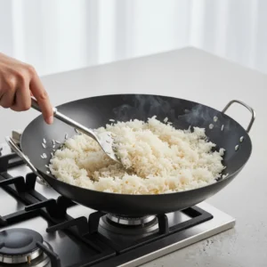 A hand using a metal spatula to stir-fry day-old white rice in a hot wok, creating a flavorful base for a steak rice bowl.