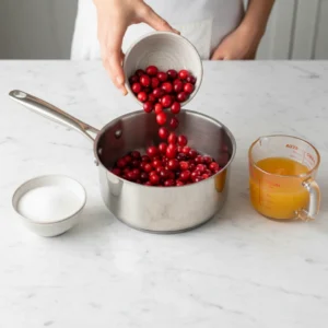 Hands pouring fresh cranberries from a small bowl into a saucepan, alongside a bowl of sugar and a measuring cup of orange juice, starting a homemade cranberry sauce recipe.