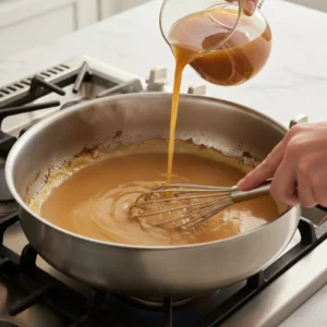 A hand whisking vigorously in a skillet as warm turkey broth is slowly poured from a glass measuring cup into the golden-brown roux and turkey drippings.