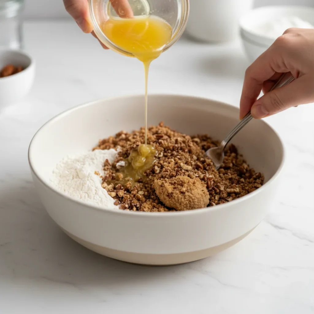 Hands pouring melted butter into a white bowl of flour, brown sugar, and chopped pecans, using a fork to mix the ingredients for a crunchy sweet potato casserole topping.