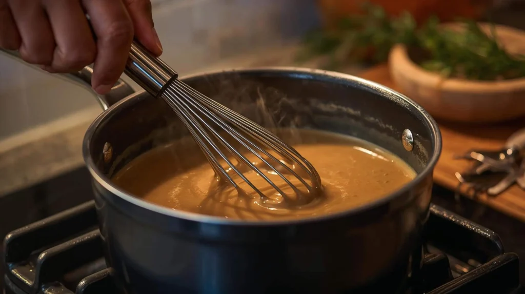 close-up action shot of a hand continuously whisking a rich brown homemade turkey gravy in a saucepan on the stove to ensure a smooth, creamy consistency.