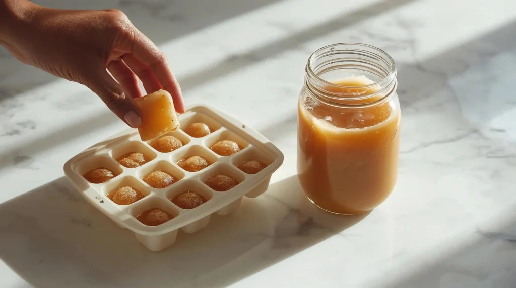 A hand holding a frozen gravy cube popped out of a silicone ice cube tray, next to a jar of stored make ahead turkey gravy or turkey stock.