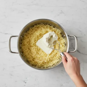 A hand mashing a block of room temperature cream cheese into hot, riced potatoes in a metal pot, illustrating the hack for ultra creamy mashed potatoes.