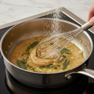 A hand whisking flour into melted butter, herbs, and onions in a skillet, creating a light golden-brown roux for a homemade turkey gravy base.