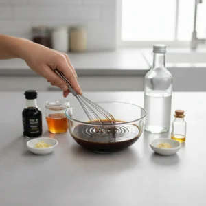 A hand whisking a dark, homemade steak bowl sauce in a glass bowl, combining ingredients like soy sauce, honey, garlic, and sesame oil for a teriyaki steak rice bowl.