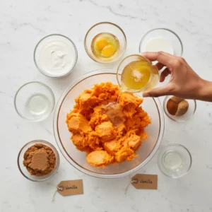 A hand adding melted butter to a large glass bowl of mashed sweet potatoes, surrounded by creamy dairy, eggs, and bowls of brown sugar and holiday spices, ready to be mashed.