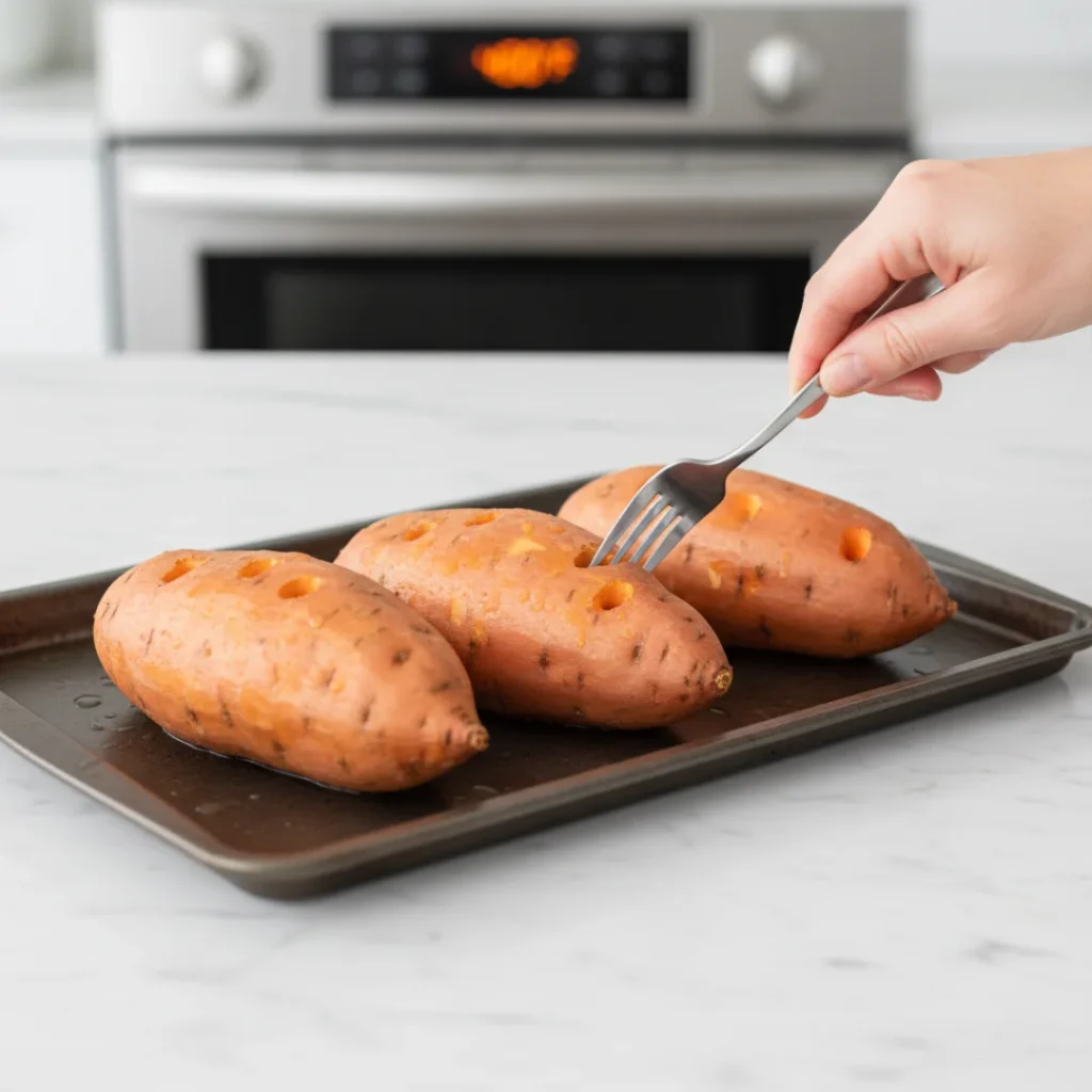 A hand pricking three raw whole sweet potatoes with a fork on a dark baking sheet before roasting them for a homemade sweet potato casserole.