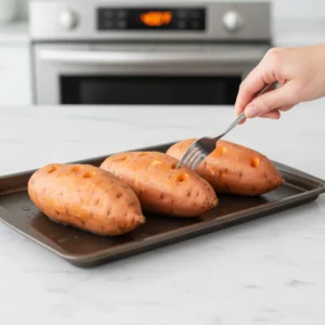A hand pricking three raw whole sweet potatoes with a fork on a dark baking sheet before roasting them for a homemade sweet potato casserole.