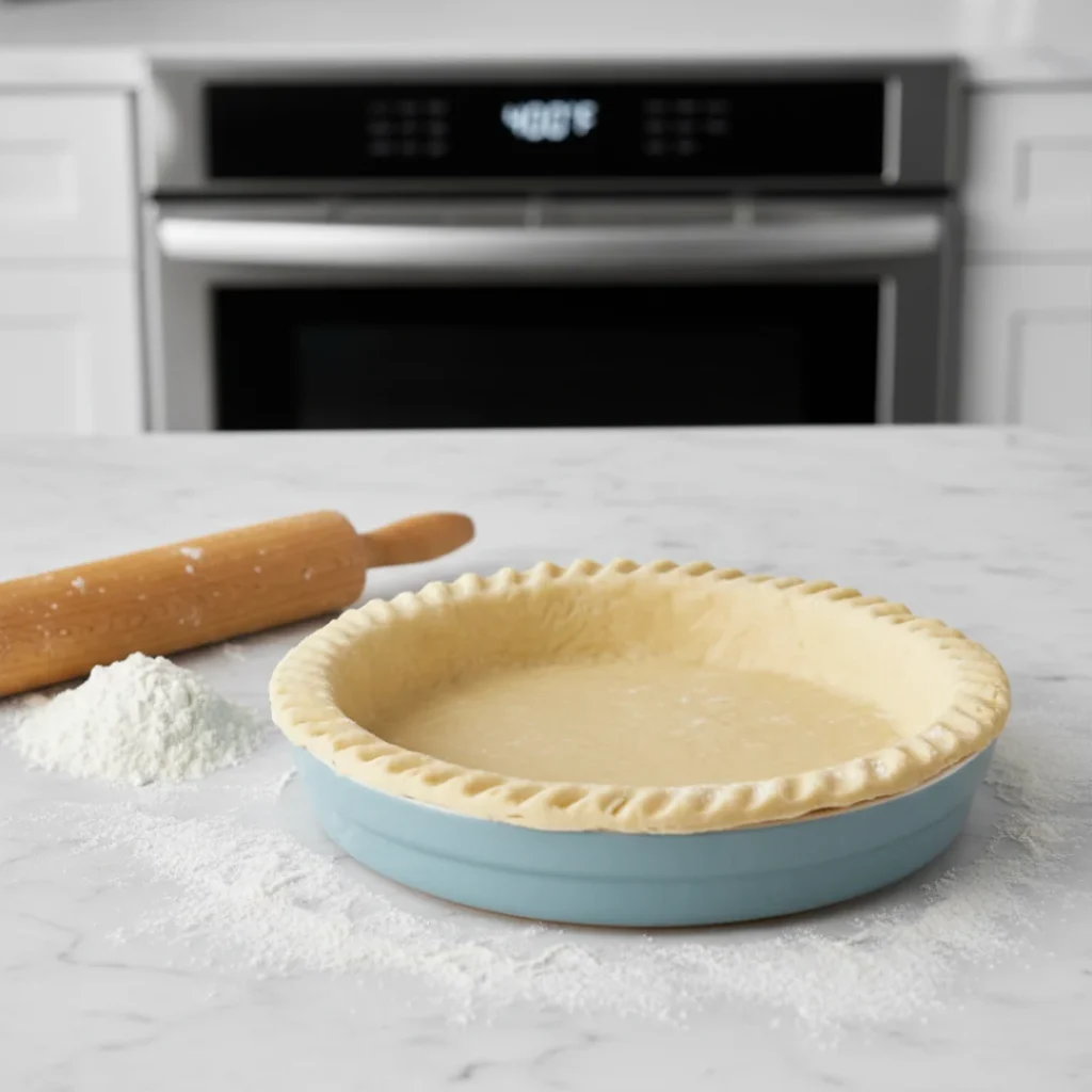 An unbaked pie crust fitted into a light blue ceramic dish with crimped edges, sitting on a floured counter with a rolling pin, preparing for a homemade blueberry pie.