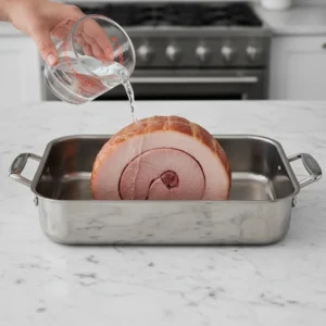 A hand pouring water (or juice) from a measuring cup into a roasting pan containing a spiral cut ham, preparing it for a baked honey glazed ham recipe.