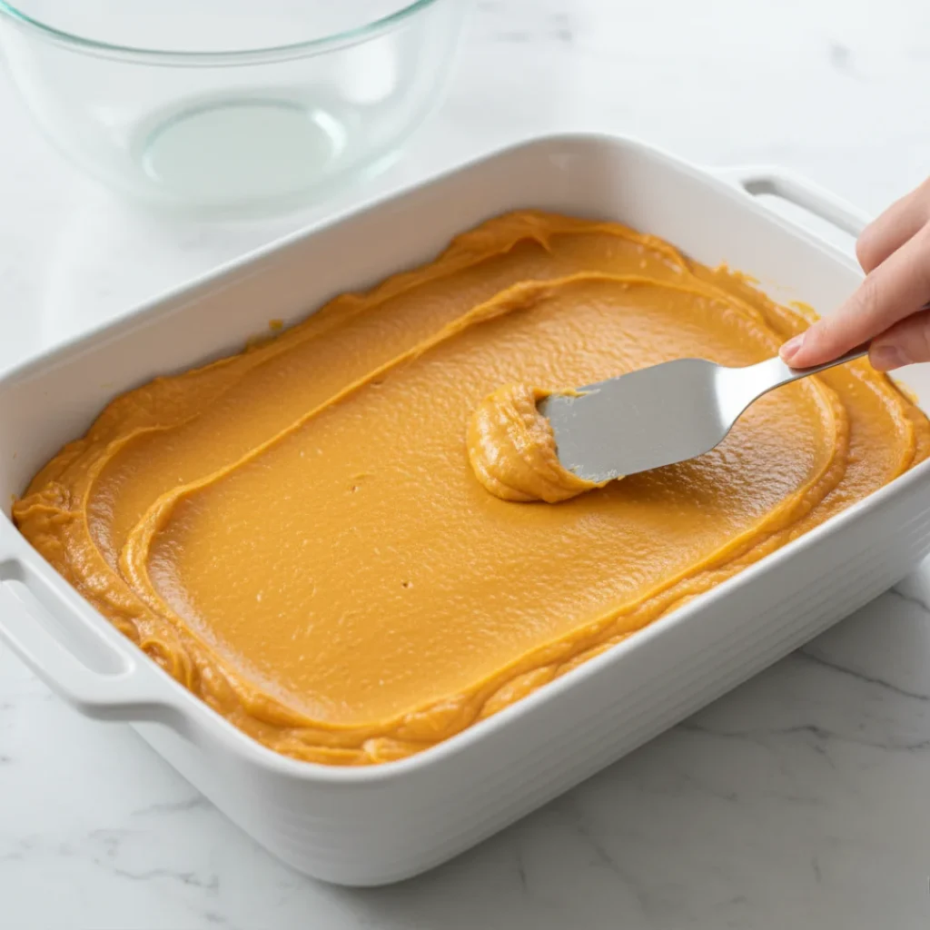 A hand using a small offset spatula to spread the smooth, orange creamy sweet potato casserole filling evenly into a white ceramic baking dish.