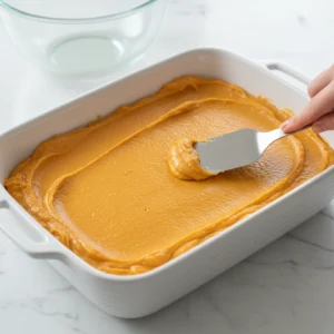 A hand using a small offset spatula to spread the smooth, orange creamy sweet potato casserole filling evenly into a white ceramic baking dish.