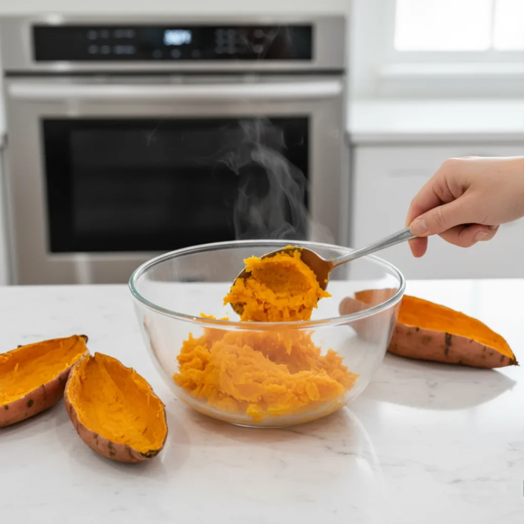 A spoonful of steaming, bright orange mashed sweet potato being scooped from the skin into a glass bowl, ready to be prepared for the casserole base.
