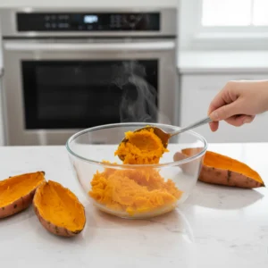 A spoonful of steaming, bright orange mashed sweet potato being scooped from the skin into a glass bowl, ready to be prepared for the casserole base.