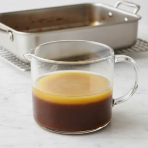 A glass measuring jug showing two distinct layers: dark turkey drippings on the bottom and a thick layer of liquid fat on top, with an empty roasting pan in the background.