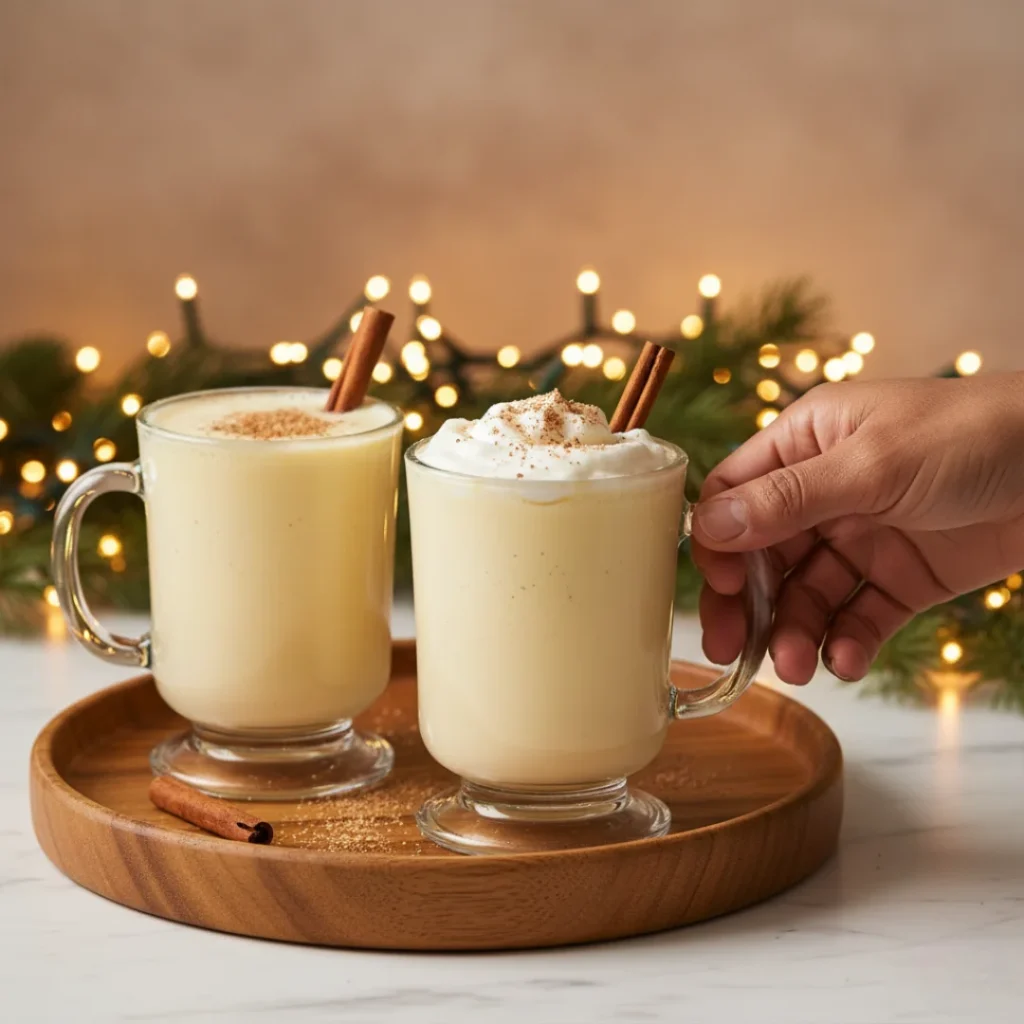 Two glass mugs of creamy eggnog on a wooden tray: one topped with whipped cream, nutmeg, and a cinnamon stick, set against blurred holiday lights.