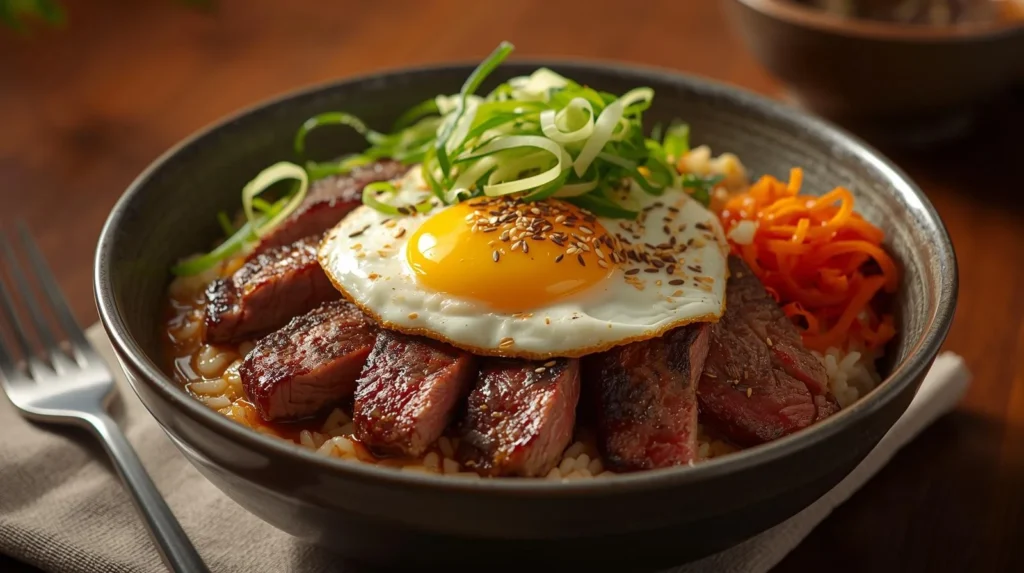 A close-up of a perfectly assembled steak rice bowl recipe, topped with medium-rare seared steak, a sunny-side-up egg, toasted sesame seeds, shredded green onions, and carrots.