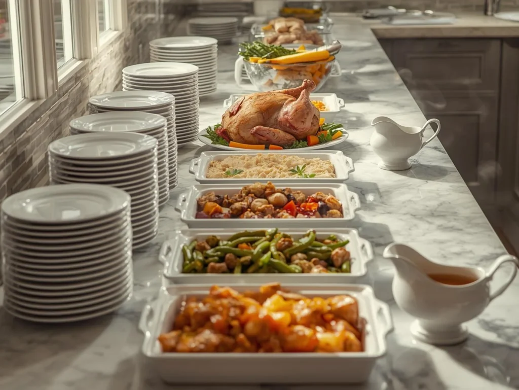 A long kitchen counter set up as a buffet line with stacks of white plates, a roasted turkey, and white serving dishes containing various hot Thanksgiving side dishes (mashed potatoes, vegetables, and gravy).