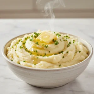 A steaming, large bowl of smooth, creamy mashed potatoes garnished with melted butter, chopped chives, and fresh herbs, ready to be served.