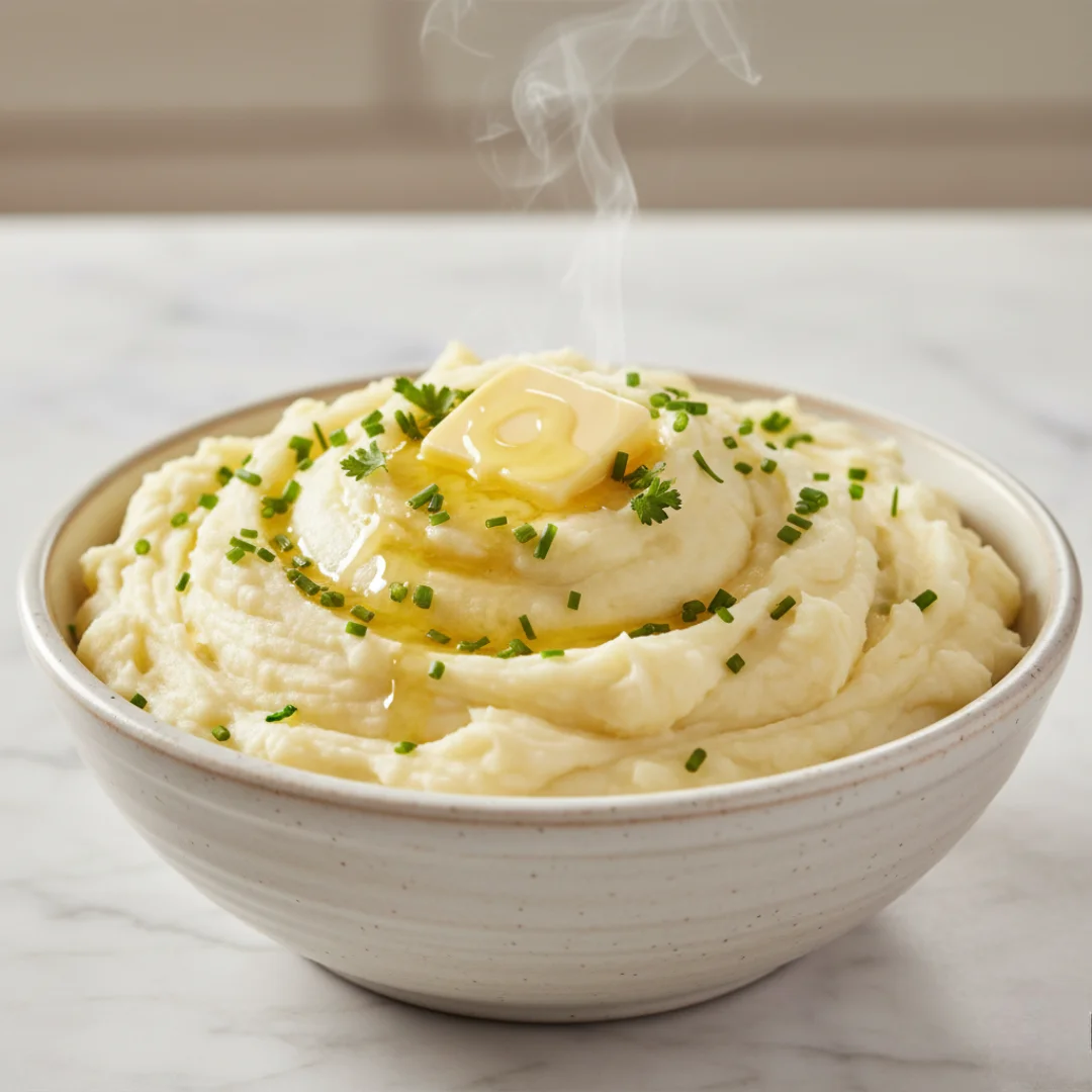 A steaming, large bowl of smooth, creamy mashed potatoes garnished with melted butter, chopped chives, and fresh herbs, ready to be served.