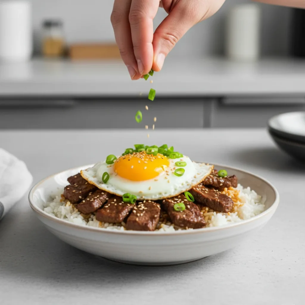 A white bowl filled with a Korean steak rice bowl, topped with a sunny-side-up egg, with a hand sprinkling sliced green onions and sesame seeds.