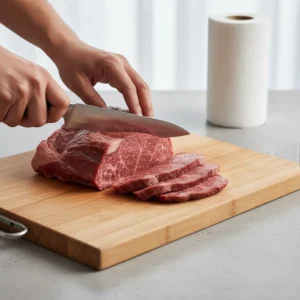 Hands using a chef's knife to thinly slice a raw, marbled steak against the grain on a wooden cutting board, preparing it for a steak rice bowl recipe.
