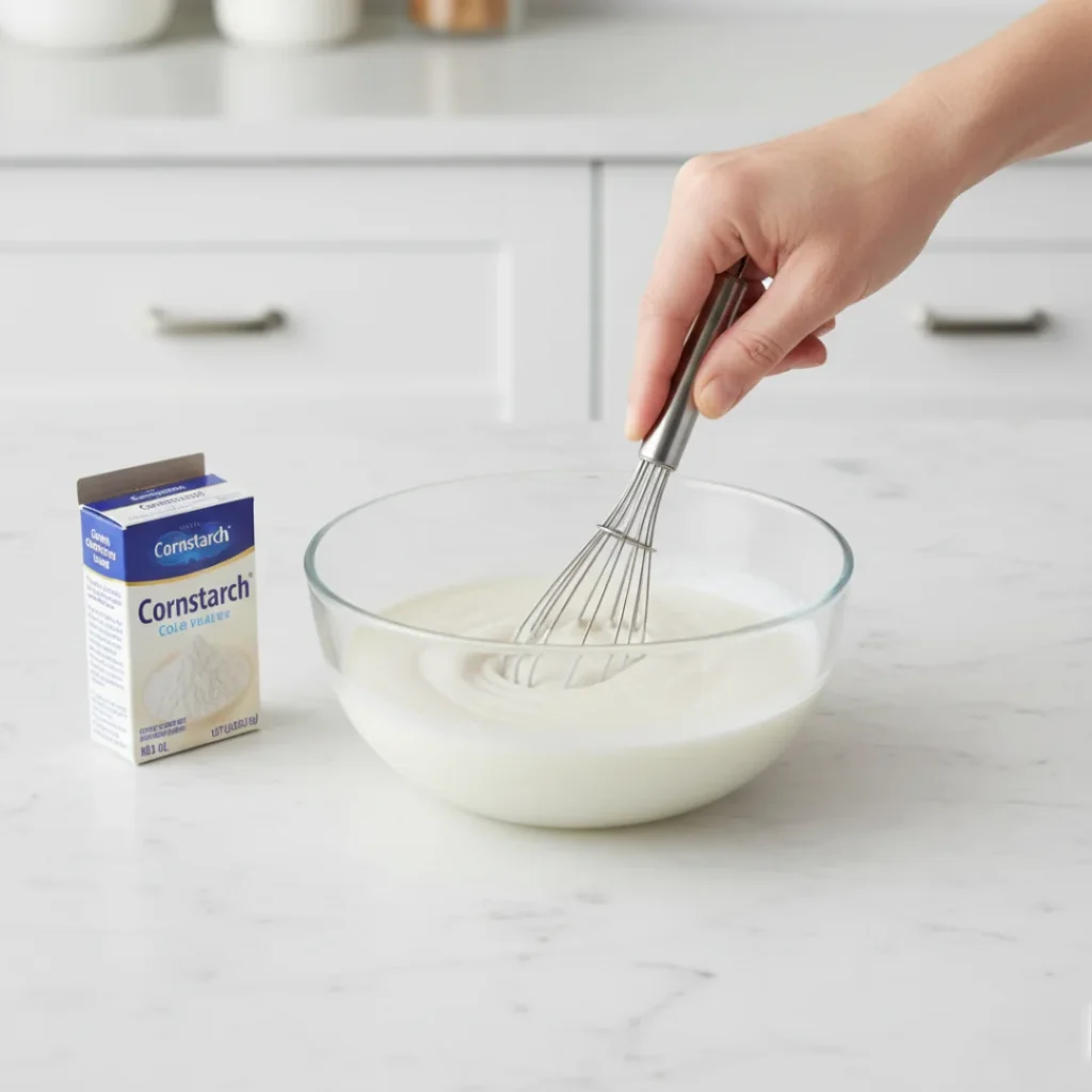 A hand whisking cornstarch and cold water in a glass bowl to create a thickening slurry for a homemade blueberry pie filling.