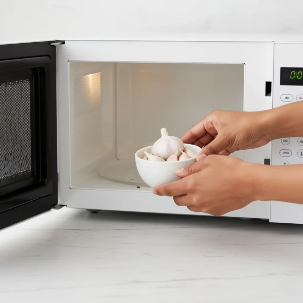 Hands placing a white bowl of garlic cloves and a whole bulb into a microwave to demonstrate the microwave garlic peeling hack.