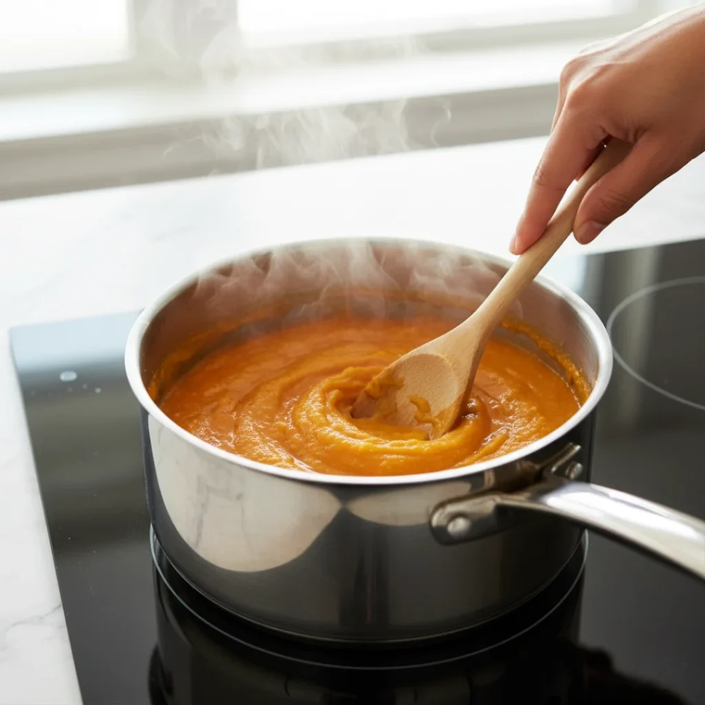 A wooden spoon stirring a thick, steaming orange sweet potato puree in a saucepan on the stove, showing the mixture being cooked down to fix a watery consistency.
