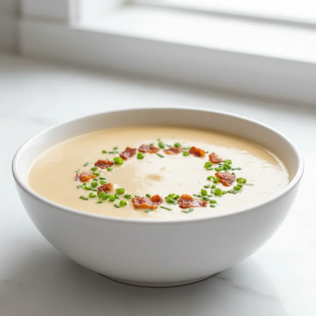 A close-up of a white bowl filled with creamy potato soup, garnished with a swirl of chopped chives and crumbled bacon, showcasing a rich, silky texture.