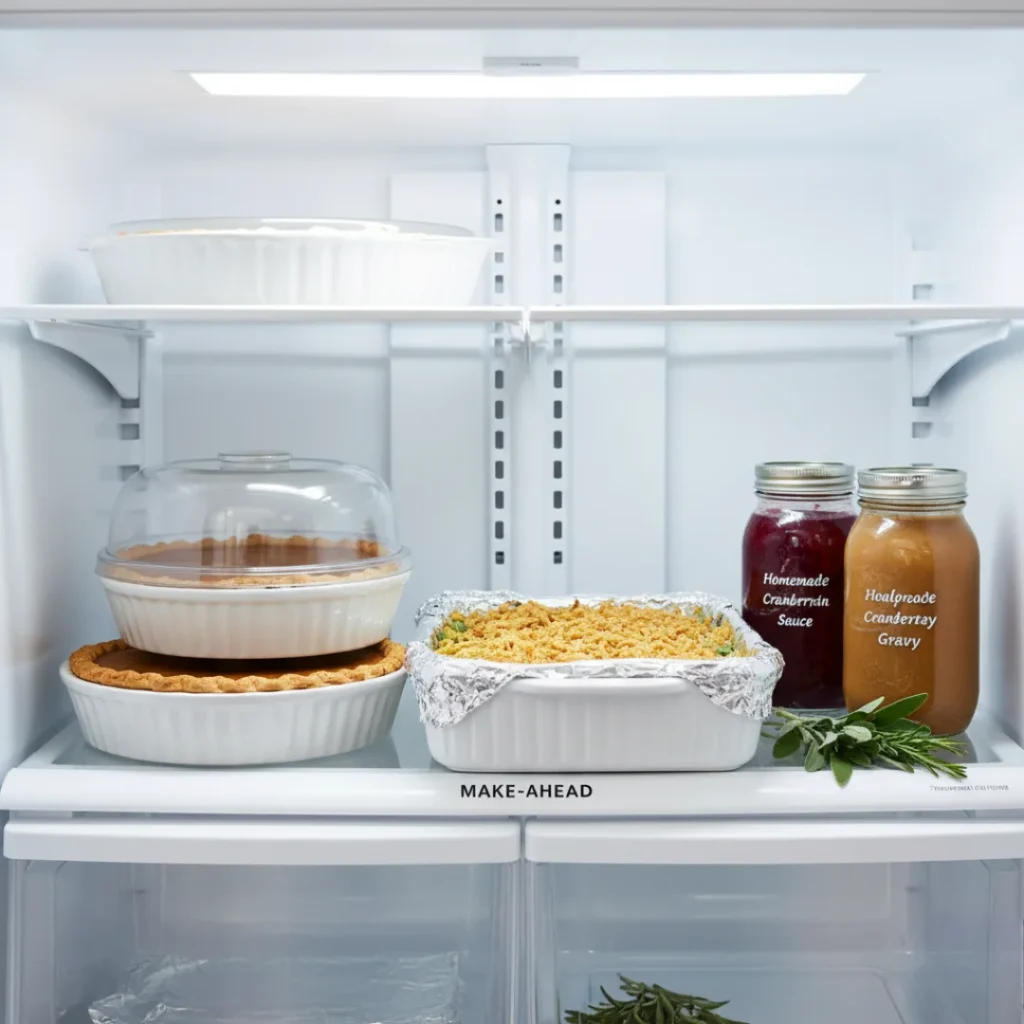 A refrigerator shelf filled with prepped Thanksgiving side dishes, including cranberry sauce, gravy in jars, pies, and a casserole covered in foil, demonstrating the make ahead strategy.