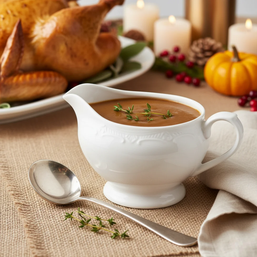 A white ceramic gravy boat filled with smooth, rich turkey gravy, garnished with fresh thyme, with a roasted turkey and holiday candles blurred in the background.