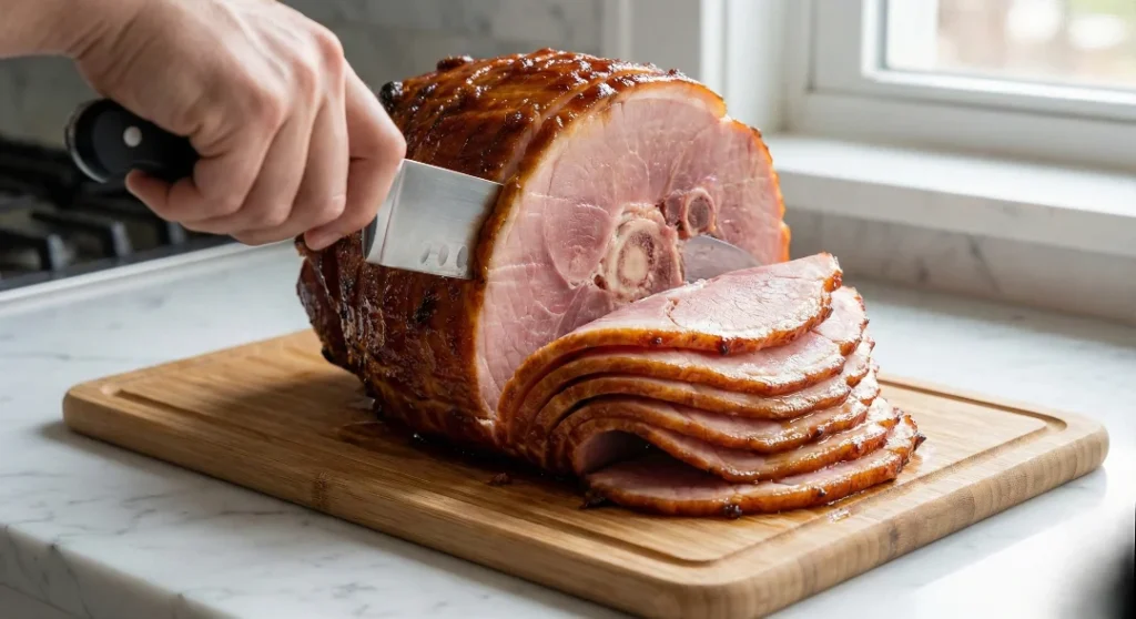 A hand carving thin honey glazed ham slices from a fully cooked honey glazed bone-in ham on a wooden cutting board, revealing the juicy interior.