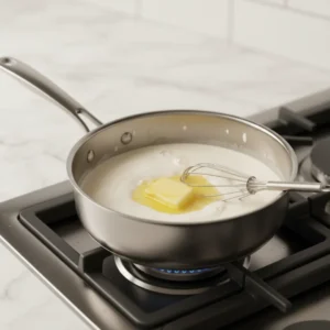 A small saucepan on a low stove burner with a whisk, warming heavy cream and a cube of butter until melted, a secret step for creamy mashed potatoes.