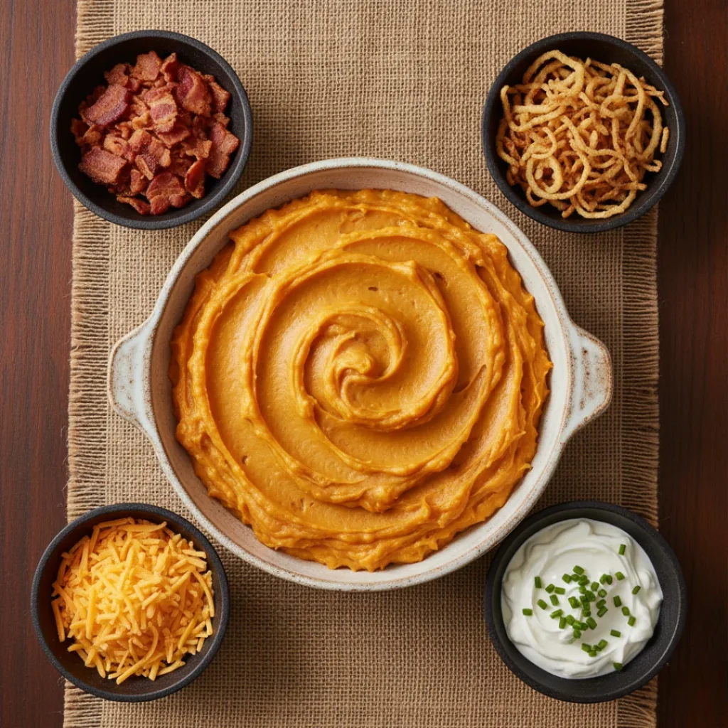 A top-down view of a round baking dish of smooth sweet potato casserole surrounded by savory toppings: crumbled bacon, shredded cheese, crispy fried onions, and sour cream.