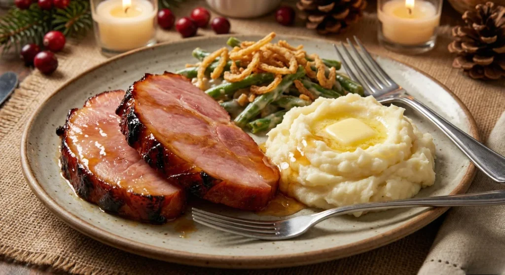 A festive holiday plate featuring thick slices of honey glazed ham, a scoop of buttery mashed potatoes, and a serving of green bean casserole with fried onions.