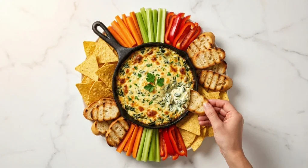 A top-down view of a hot spinach artichoke dip in a cast iron skillet, surrounded by an abundant circular platter of tortilla chips, baguette slices, celery, and colorful carrots and bell peppers.