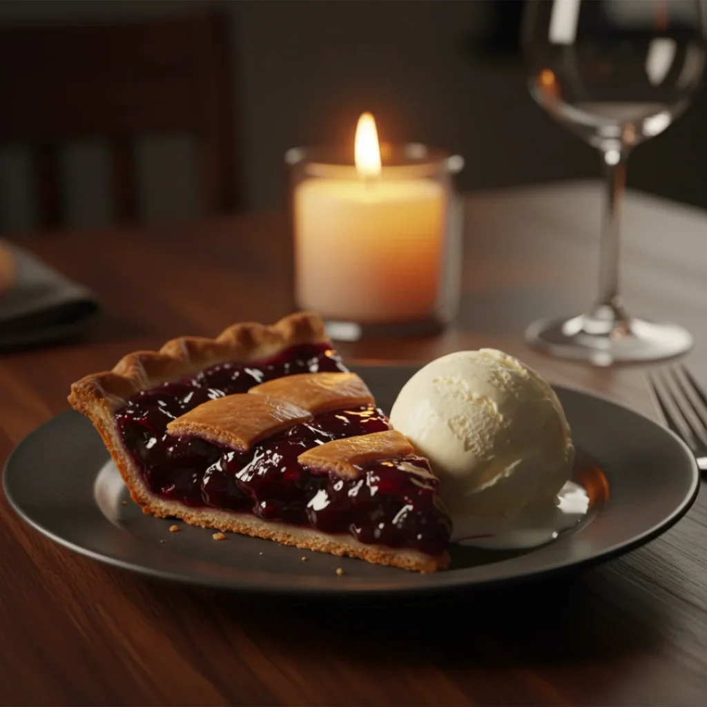 A slice of classic blueberry pie with a lattice top, served warm with melting vanilla ice cream on a dark plate in a candle-lit setting.